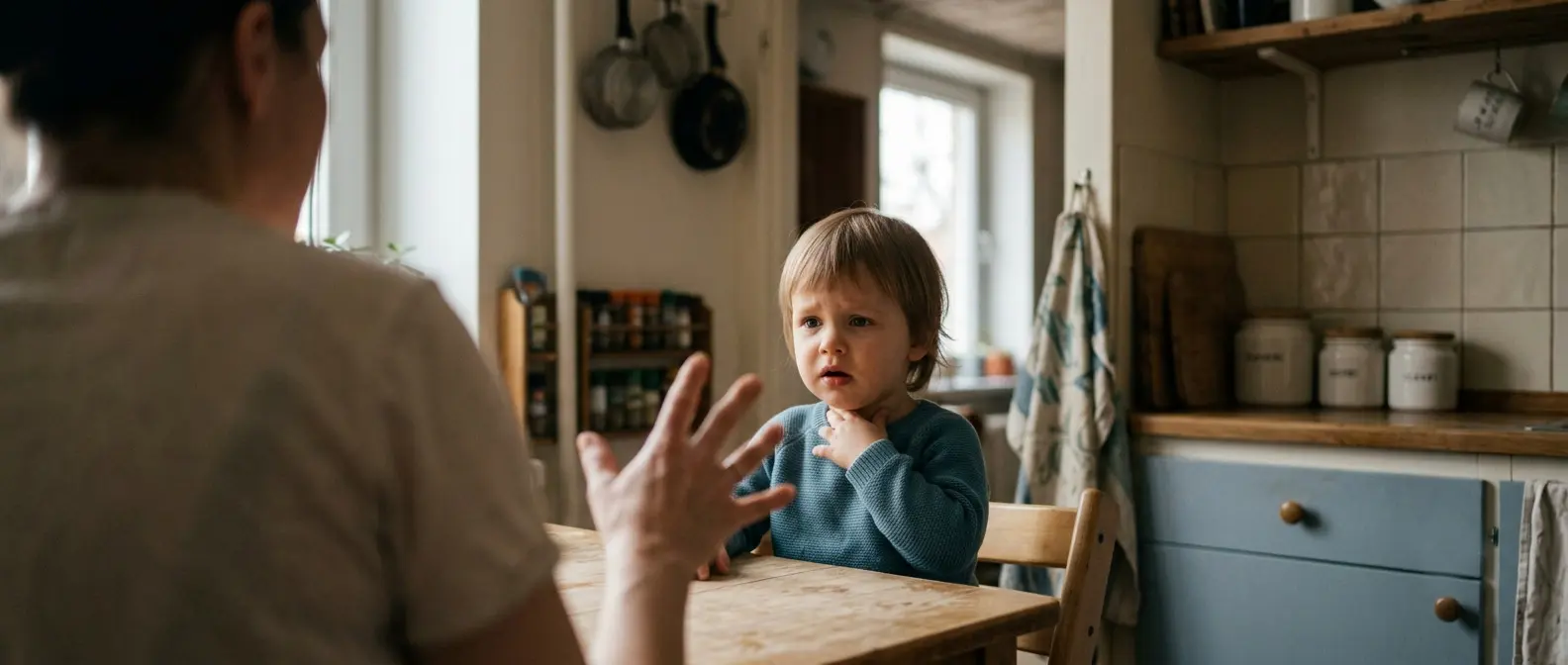 Kleinkind in der Küche fasst sich an den Hals, Elternteil reagiert